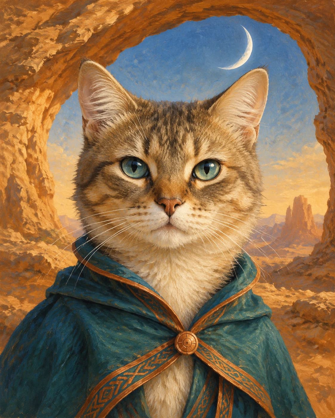 Cat Desert Moon Dreamer: Cat Desert Moon Dreamer: a fictional sandstone arch under a pale crescent, with a teal feline mantle with copper trim.