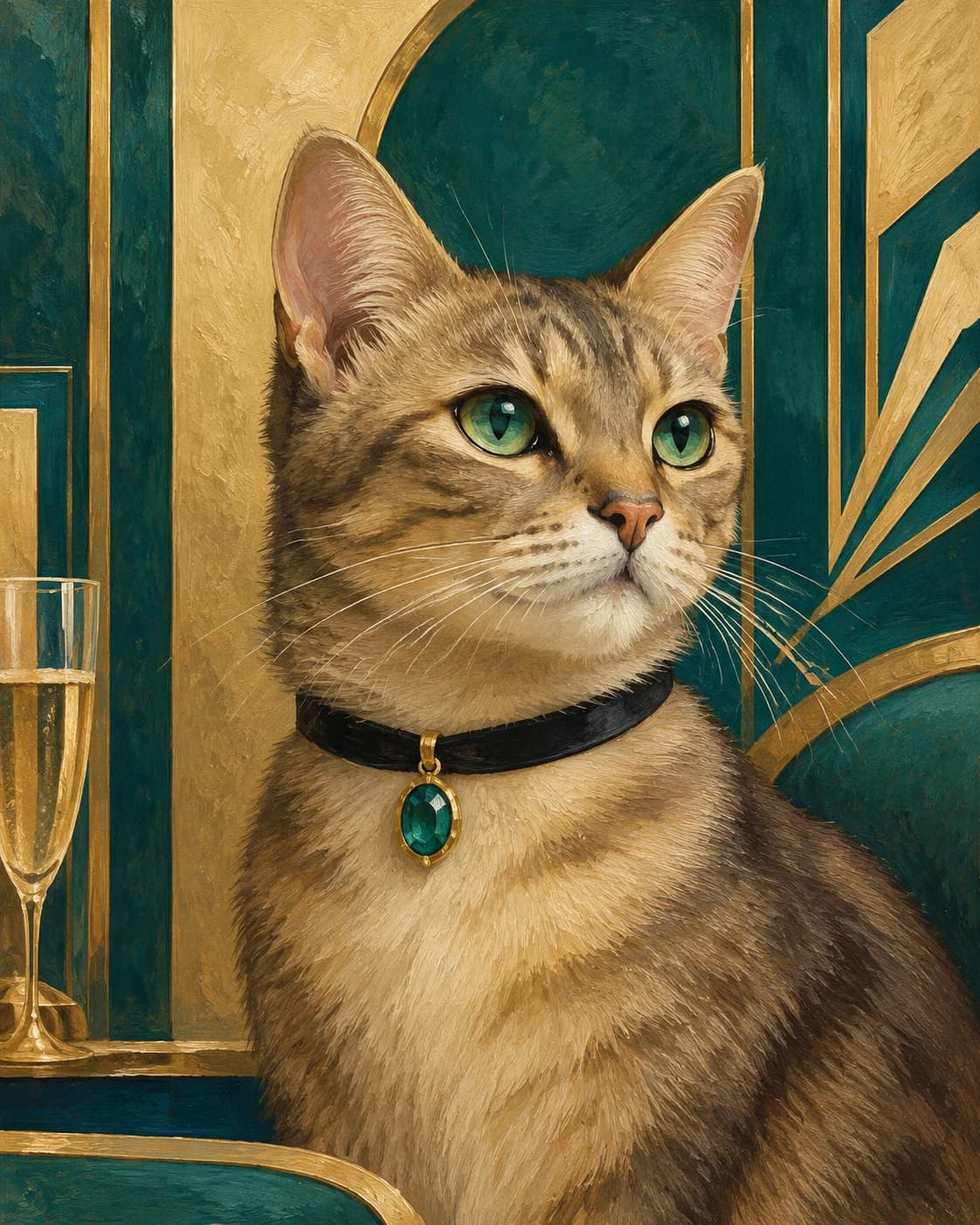 Cat Art Deco Heiress: Cat Art Deco Heiress: a graphic champagne-and-teal salon, with a black feline collar with a single emerald-colored jewel.