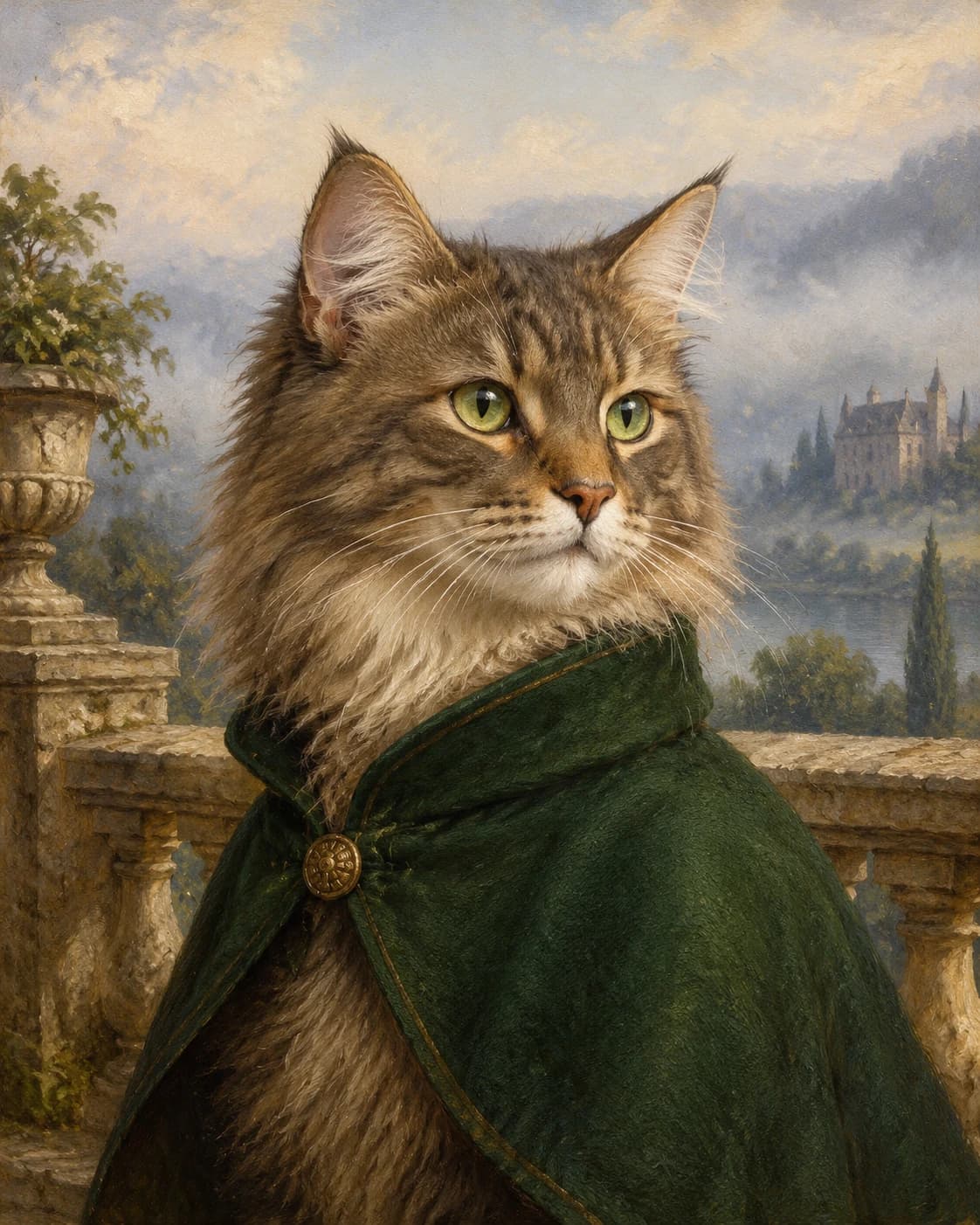 Cat Highland Estate Baron: Cat Highland Estate Baron: a misty invented country-estate terrace, with a forest-green feline coat without clan marks.