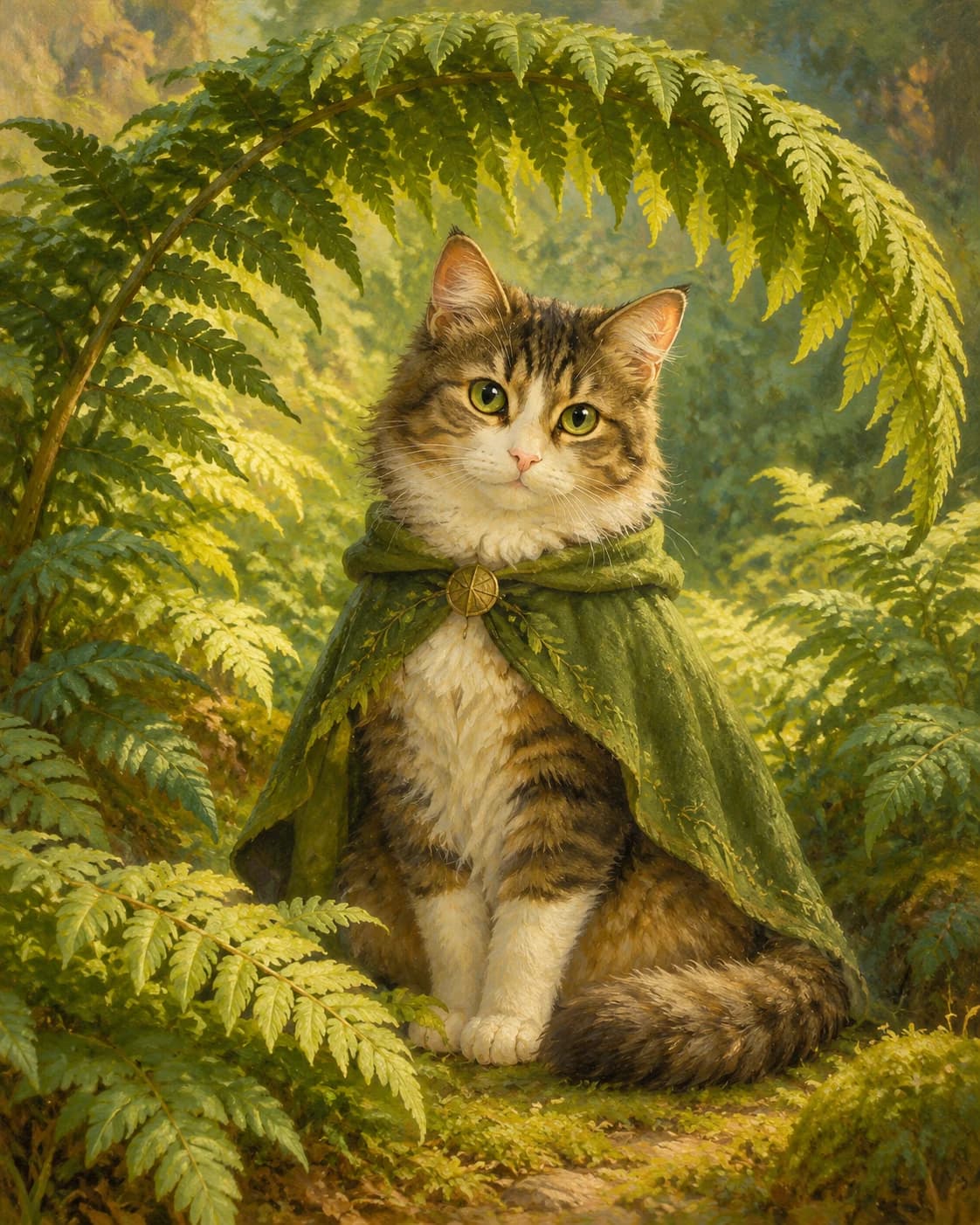 Cat Enchanted Fern Keeper: Cat Enchanted Fern Keeper: a storybook clearing of oversized ferns, with a modest moss-green feline cape.
