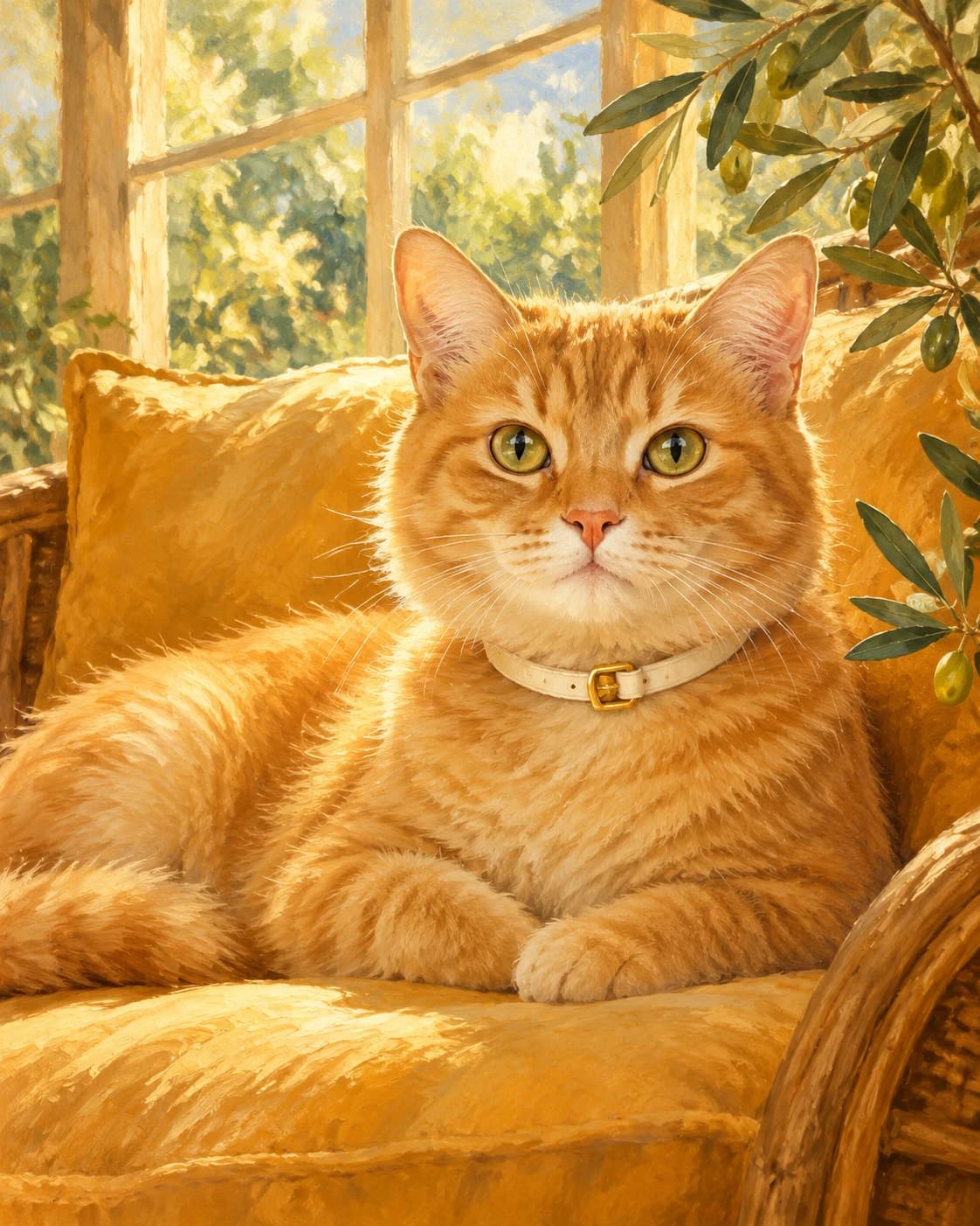 Cat Golden Sunroom: Cat Golden Sunroom: a sunroom with ochre cushions and olive branches, with a plain cream feline collar with a gold clasp.