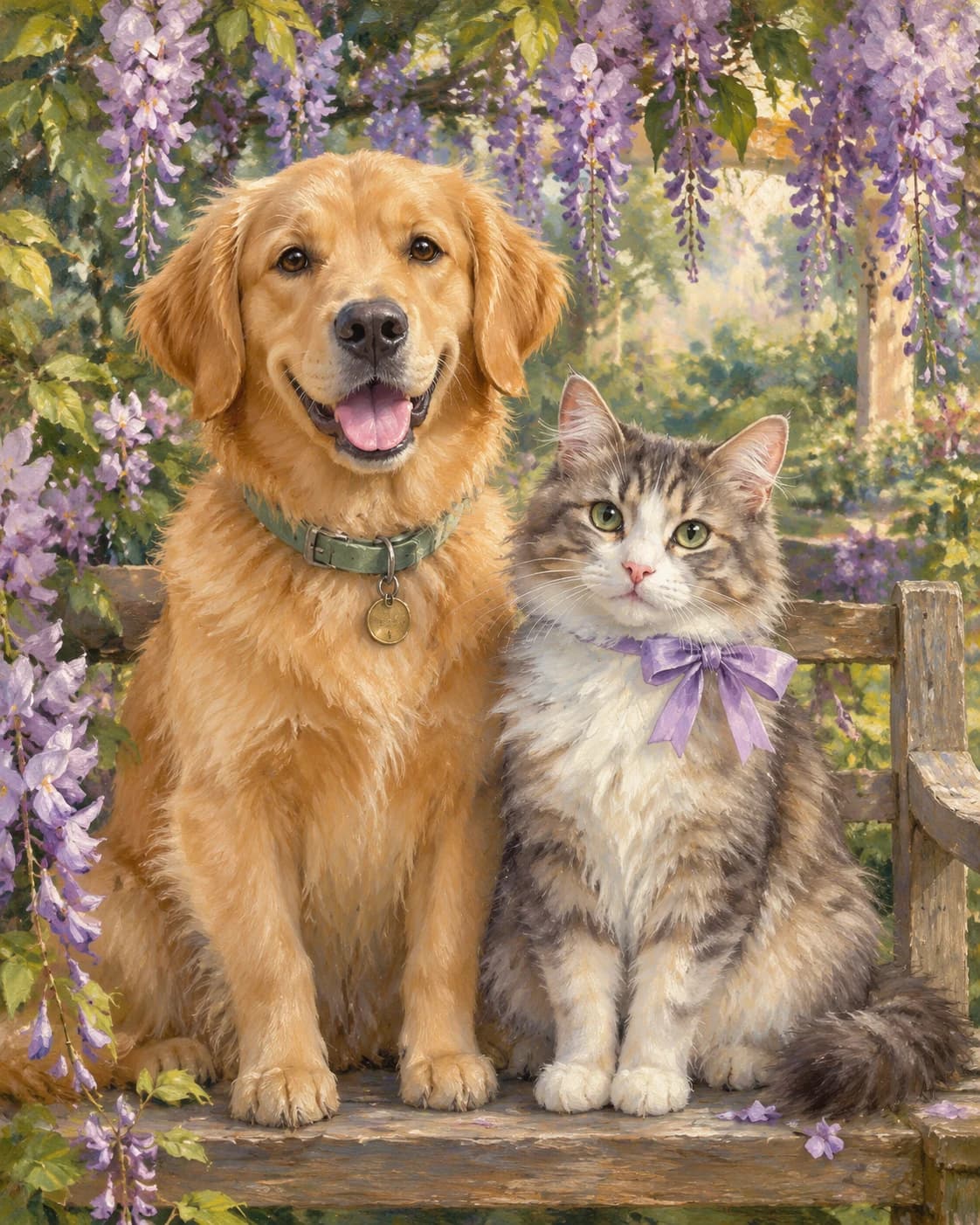Pet Duo Garden Companions: Pet Duo Garden Companions: a wisteria-covered garden bench, with a sage dog collar and lilac cat ribbon.