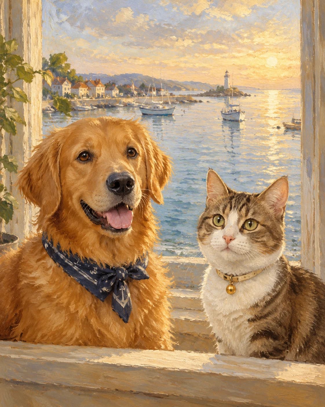 Pet Duo Seaside Watch: Pet Duo Seaside Watch: a coastal window overlooking a calm harbor, with a navy dog scarf and cream cat collar.