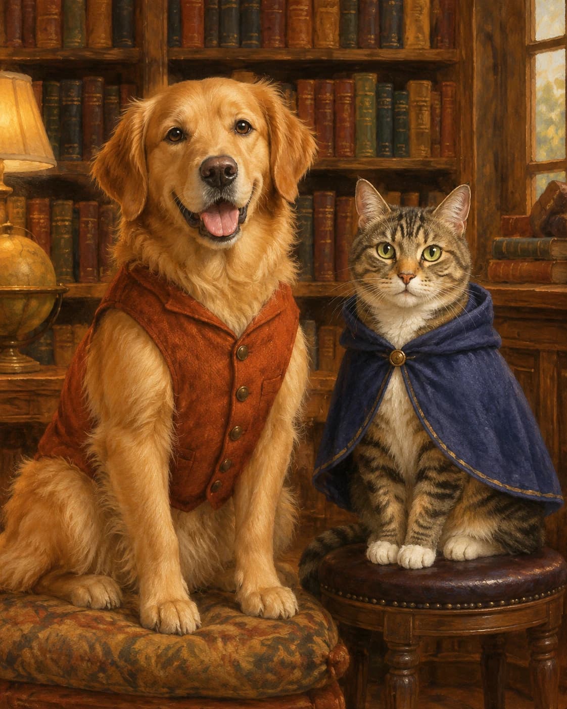 Pet Duo Library Scholars: Pet Duo Library Scholars: a warm library of closed books, with a rust dog waistcoat and indigo cat cape.