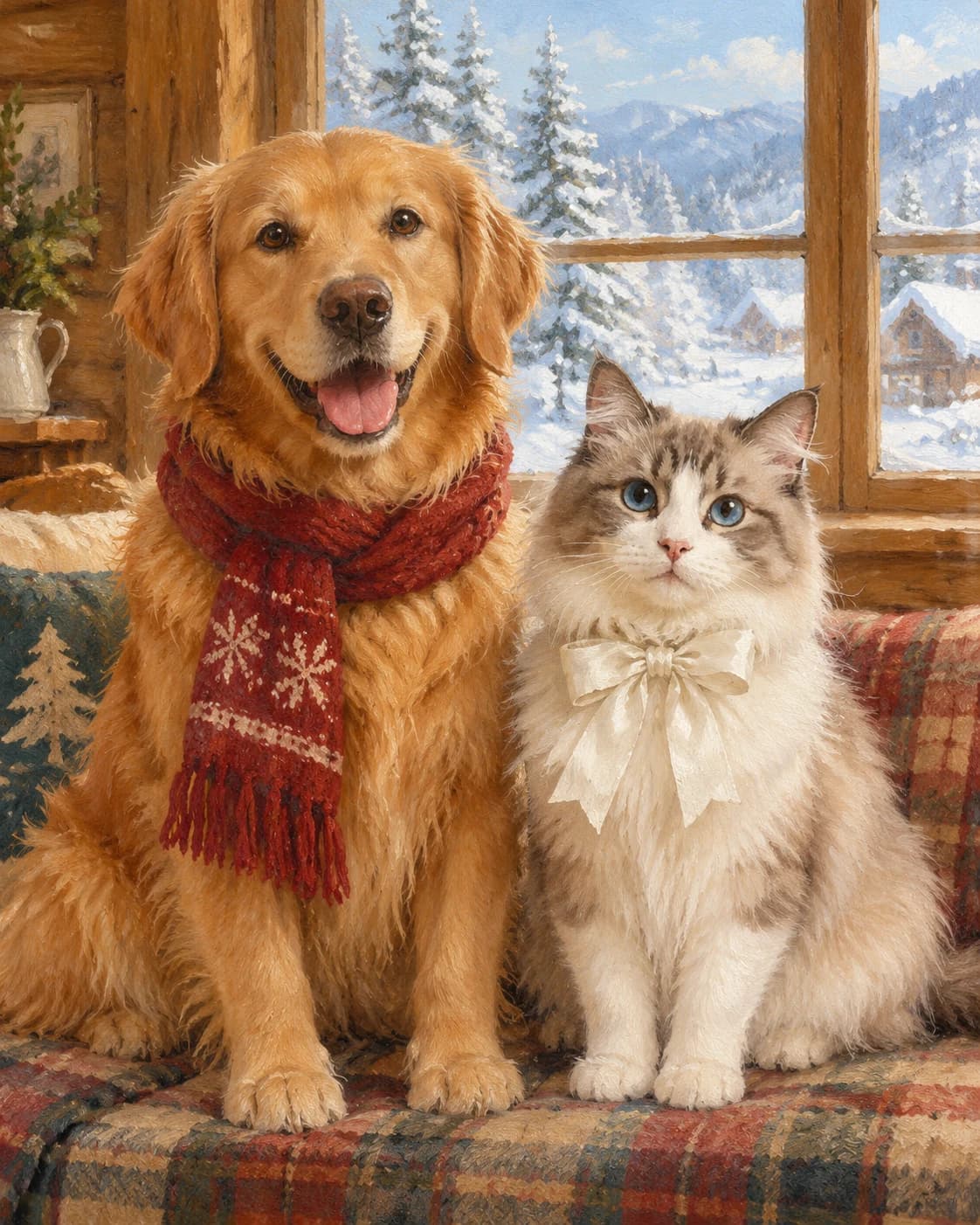 Pet Duo Winter Keepsake: Pet Duo Winter Keepsake: a bright chalet interior with snow beyond the window, with cranberry dog scarf and ivory cat ribbon.