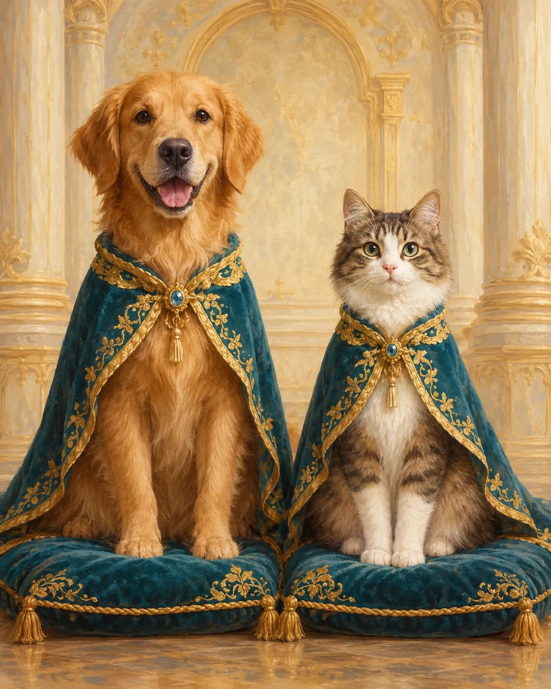 Pet Duo Palace Equals: Pet Duo Palace Equals: a fictional ivory throne room, with two distinct teal-and-gold ceremonial pet capes.