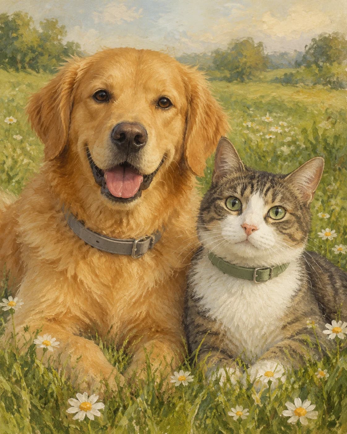 Pet Duo Meadow Tribute: Pet Duo Meadow Tribute: a quiet meadow with sparse daisies, with plain dove-gray and sage collars.