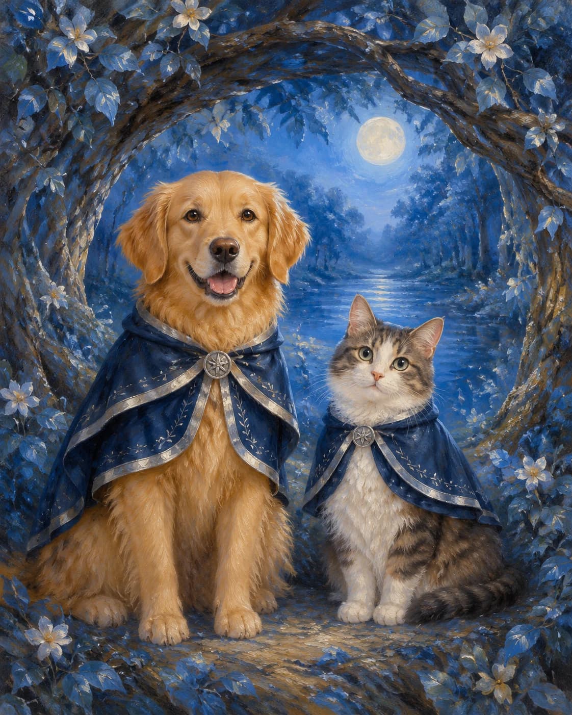 Pet Duo Moonlit Story: Pet Duo Moonlit Story: a fictional blue woodland arch, with navy and silver modest pet mantles.