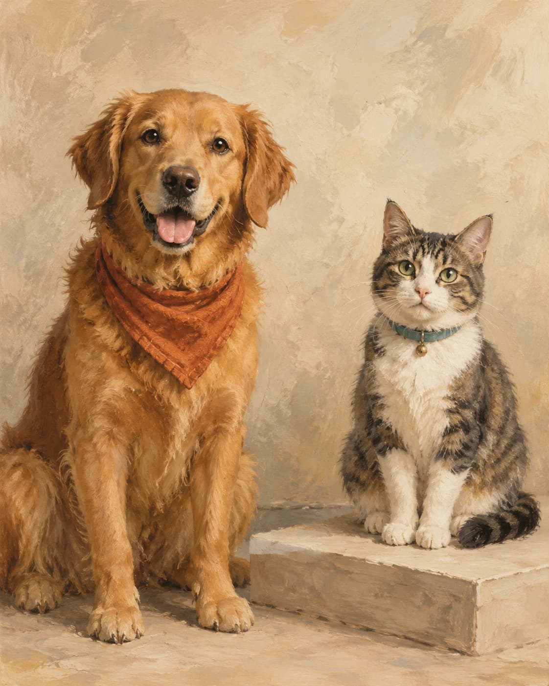 Pet Duo Terracotta Studio: Pet Duo Terracotta Studio: a contemporary plaster studio with one low platform, with a rust dog bandana and muted teal cat collar.