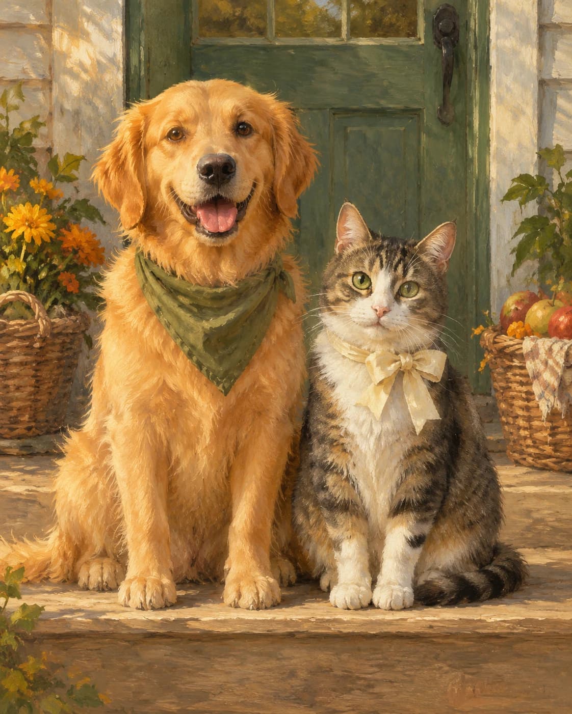 Pet Duo Harvest Porch: Pet Duo Harvest Porch: a farmhouse porch with baskets at the edges, with olive dog scarf and cream cat ribbon.