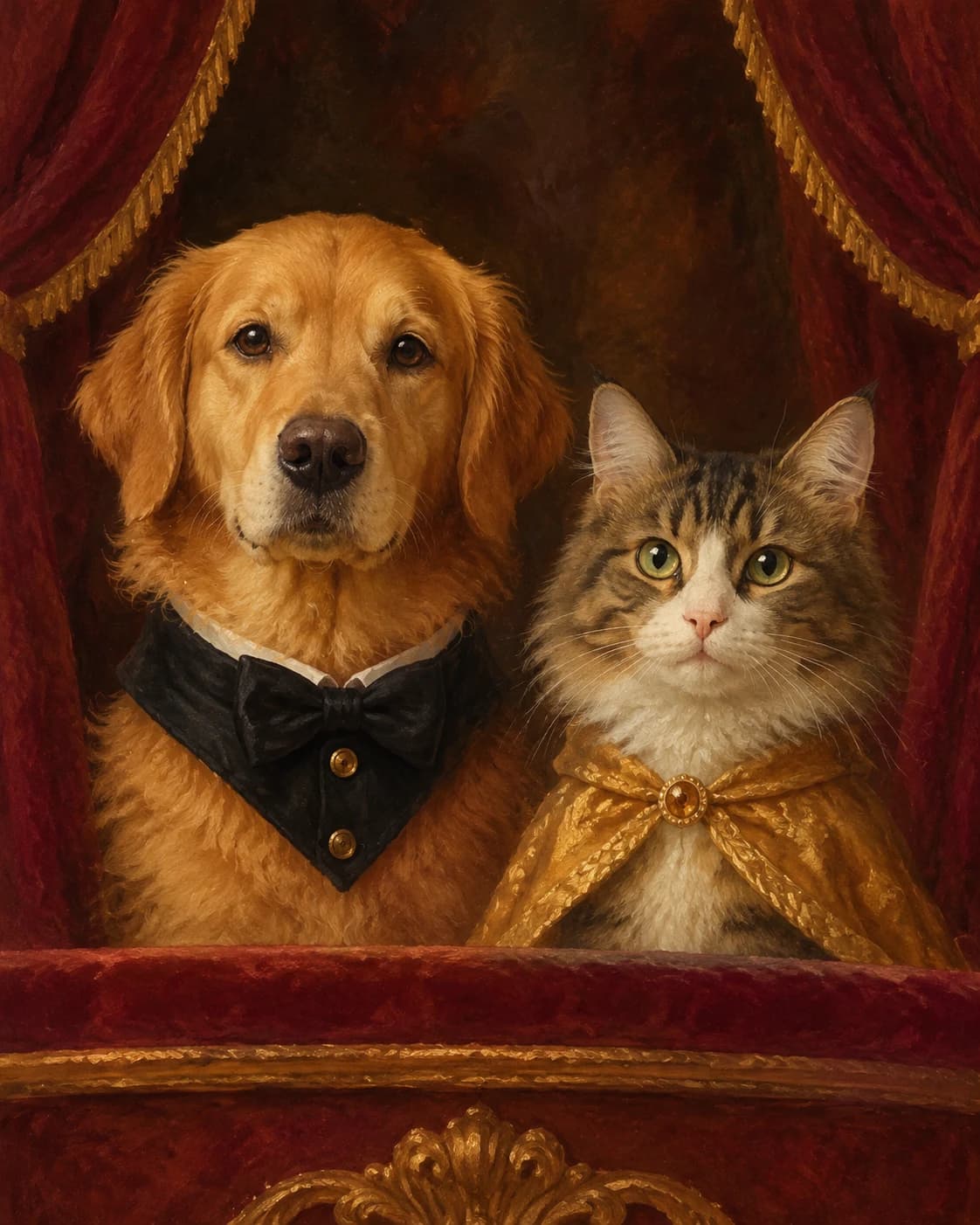 Pet Duo Opera Evening: Pet Duo Opera Evening: an empty theater box framed by burgundy curtains, with black canine formal collar and gold feline cape.