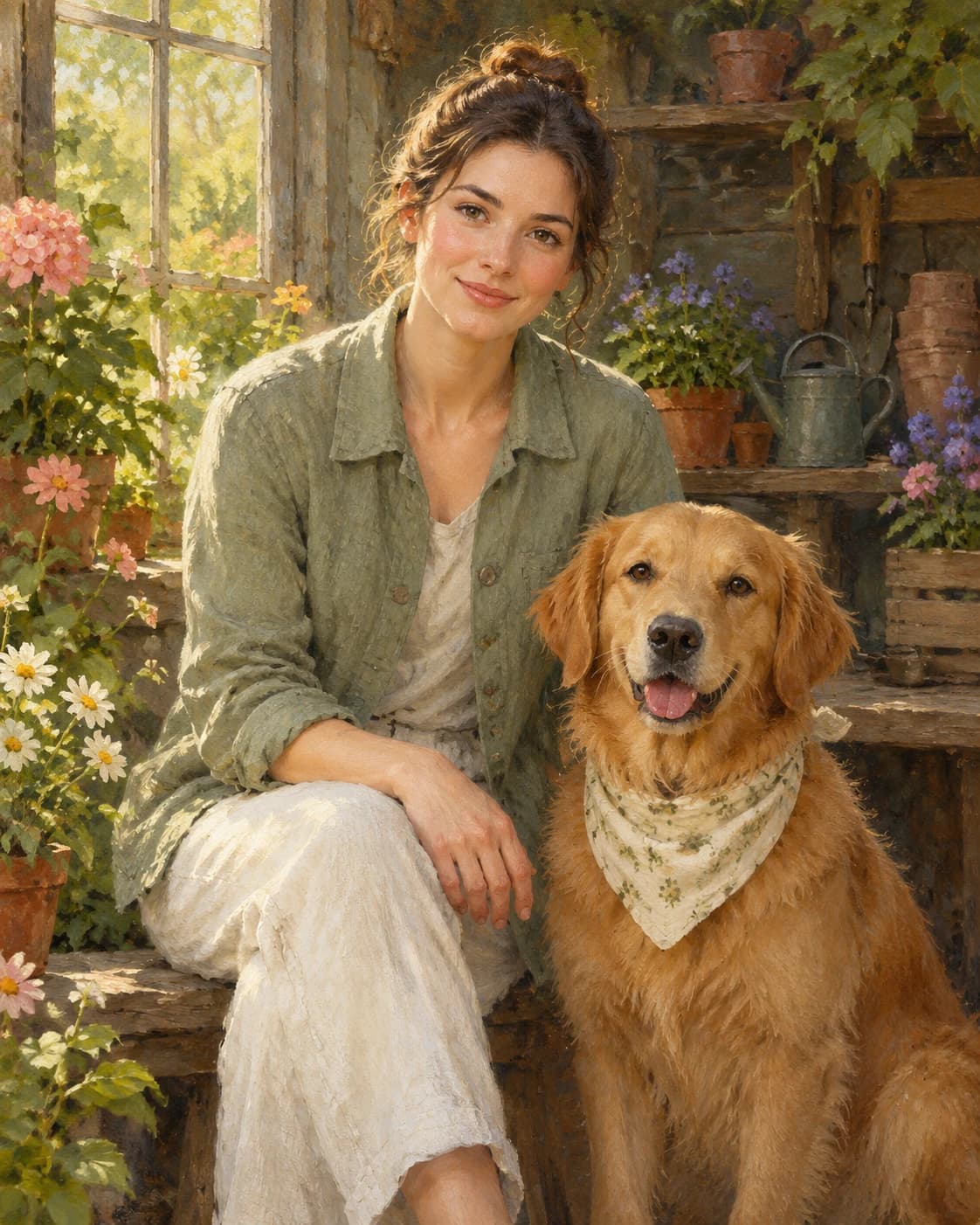 Garden Keeper and Dog: Garden Keeper and Dog: a sunlit potting shed with flowers at the edges, with a sage adult linen jacket and a cream dog bandana.