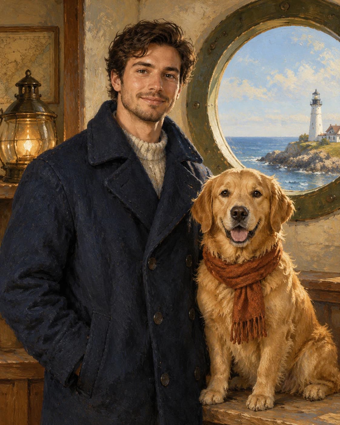 Lighthouse Keeper and Companion: Lighthouse Keeper and Companion: a fictional lighthouse interior with a round window, with a navy adult wool coat and rust dog scarf.