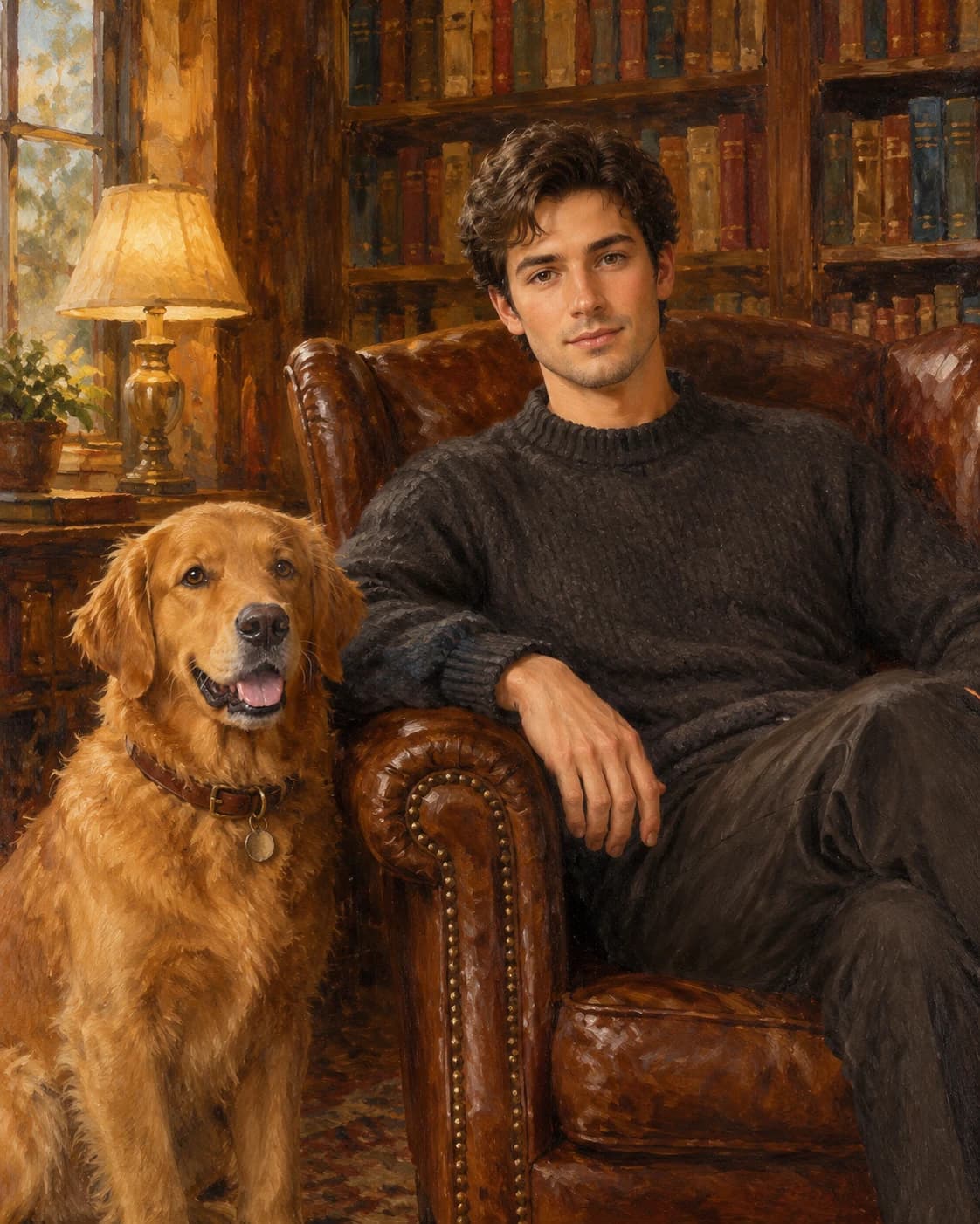 Scholar and Loyal Hound: Scholar and Loyal Hound: a warm library with an empty armchair, with charcoal adult knitwear and a bronze dog collar.