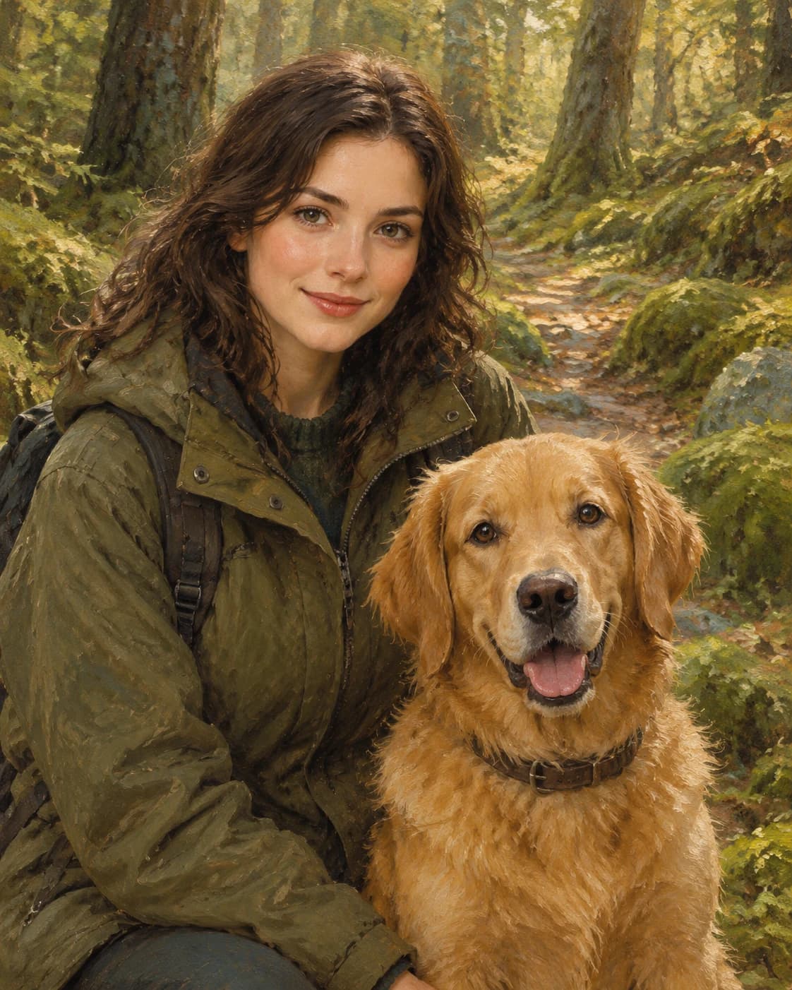 Forest Walker and Dog: Forest Walker and Dog: a mossy woodland path without other figures, with an olive adult travel coat and simple dog collar.