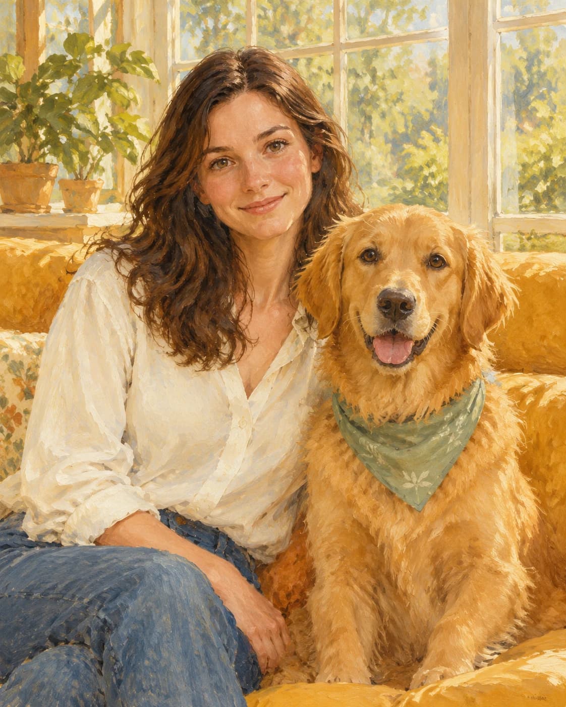 Sunroom Friend and Dog: Sunroom Friend and Dog: a bright sunroom with ochre cushions, with an ivory adult blouse and sage canine bandana.
