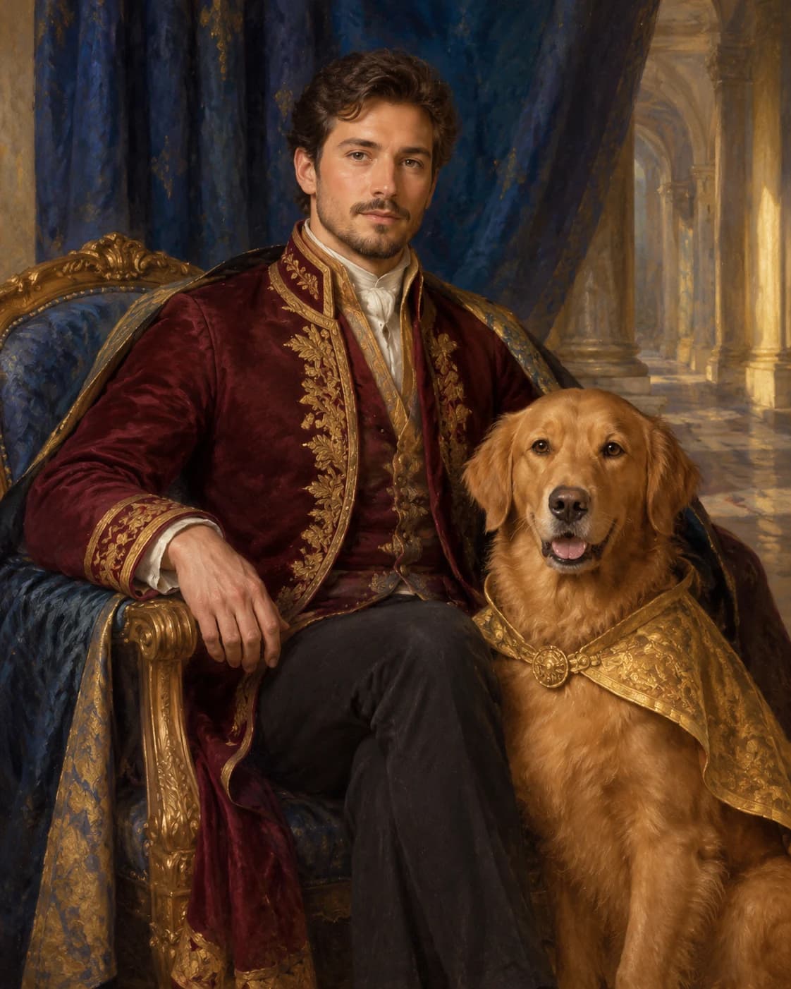 Royal Regent and Canine Page: Royal Regent and Canine Page: an invented palace corridor with a blue curtain, with a burgundy adult ceremonial coat and gold dog mantle.