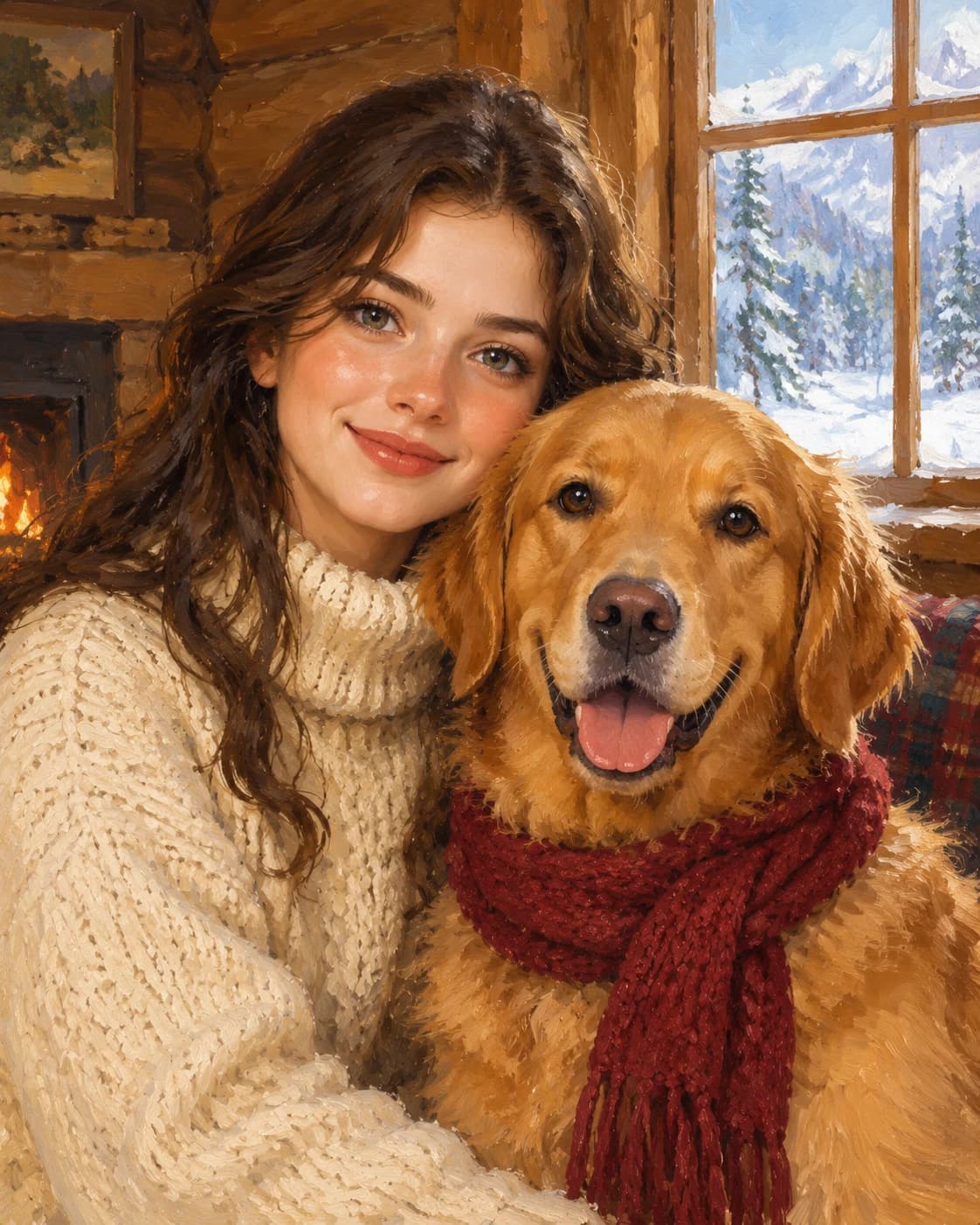 Winter Cabin Bond: Winter Cabin Bond: a timber cabin with snow visible through a window, with cream adult knitwear and cranberry dog scarf.