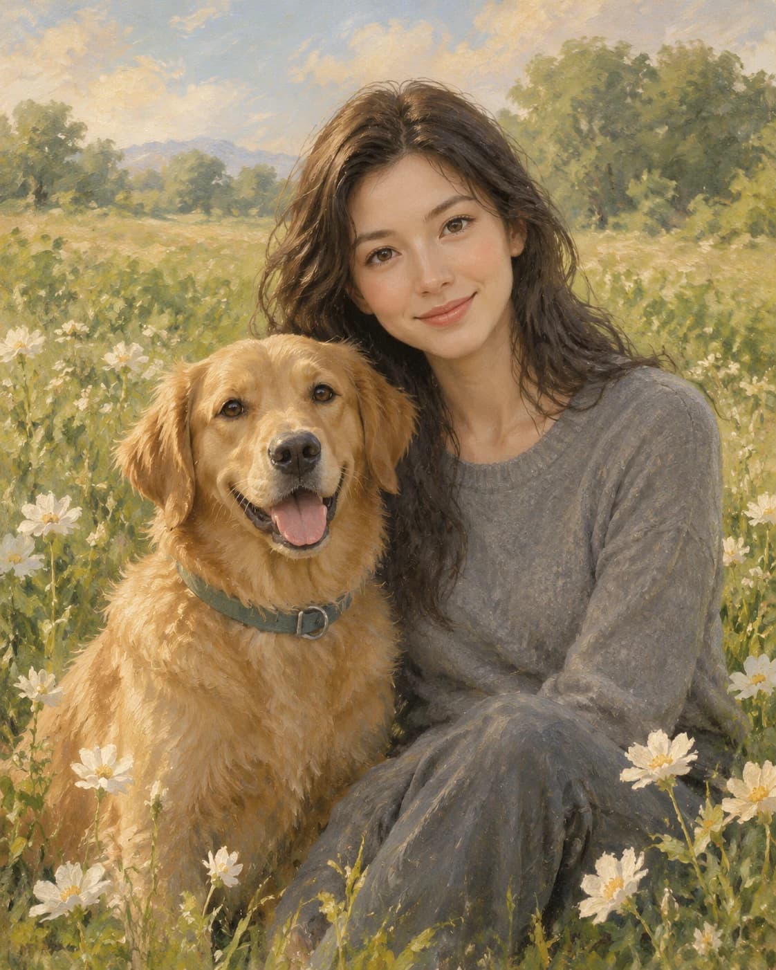 Quiet Meadow Shared Tribute: Quiet Meadow Shared Tribute: a peaceful meadow with soft ivory flowers, with plain gray adult clothing and a sage dog collar.