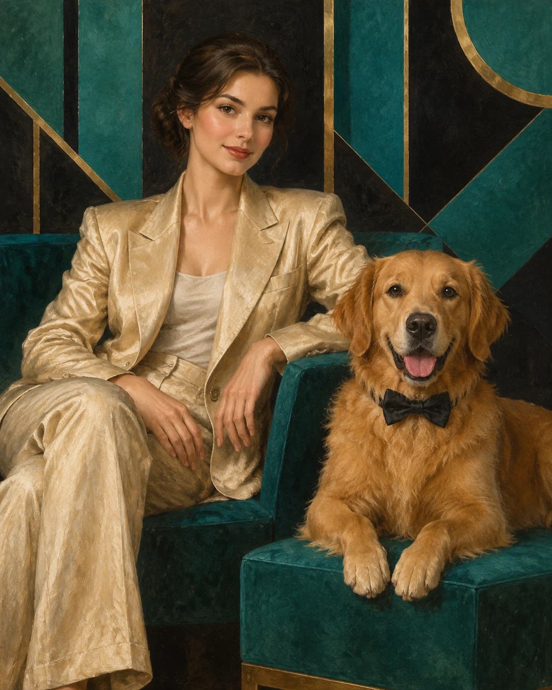 Art Deco Companion Portrait: Art Deco Companion Portrait: a geometric black-and-teal room, with a champagne adult jacket and black canine bow collar.