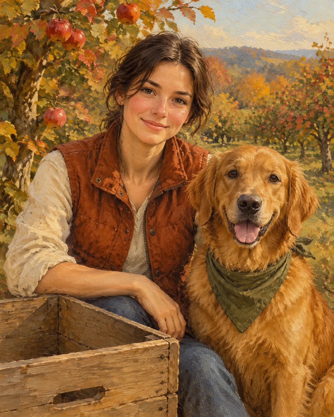 Orchard Steward and Dog: Orchard Steward and Dog: an autumn orchard with an empty harvest crate, with a rust adult vest and olive dog bandana.