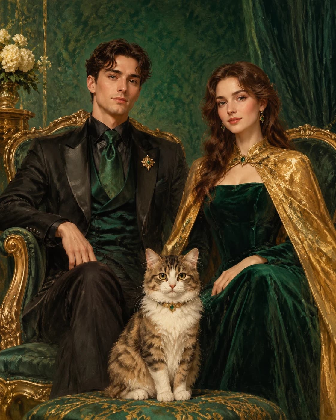 Royal Trio with Cat: Royal Trio with Cat: an invented emerald court salon, with distinct emerald and black adult formalwear and a gold feline cape.