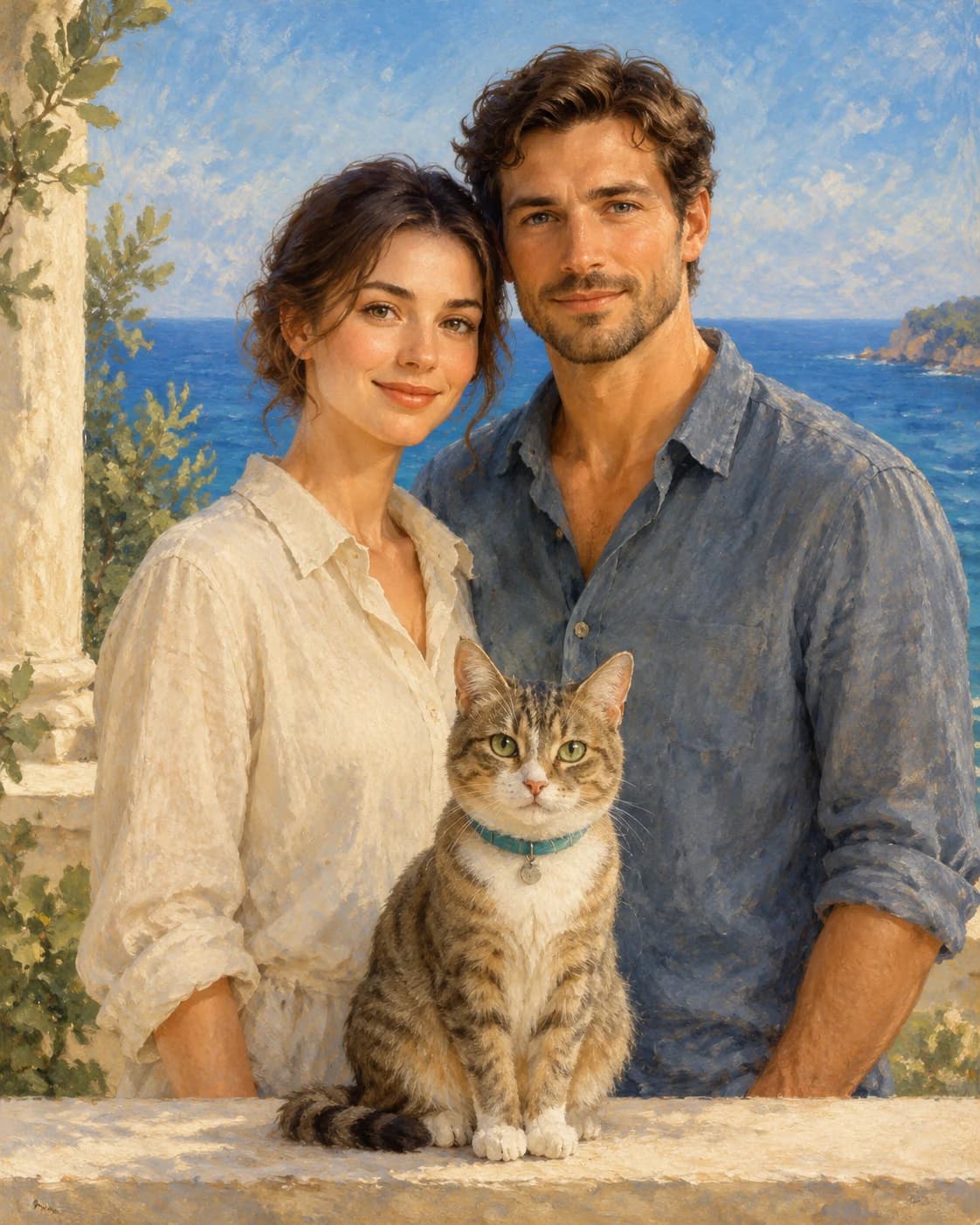 Seaside Partners and Cat: Seaside Partners and Cat: a coastal veranda with a blue horizon, with cream and slate adult linen and a simple teal cat collar.