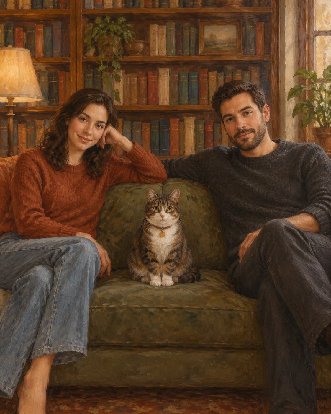 Library Household with Cat: Library Household with Cat: a warm home library with books closed, with rust and charcoal adult knitwear and a bronze cat collar.