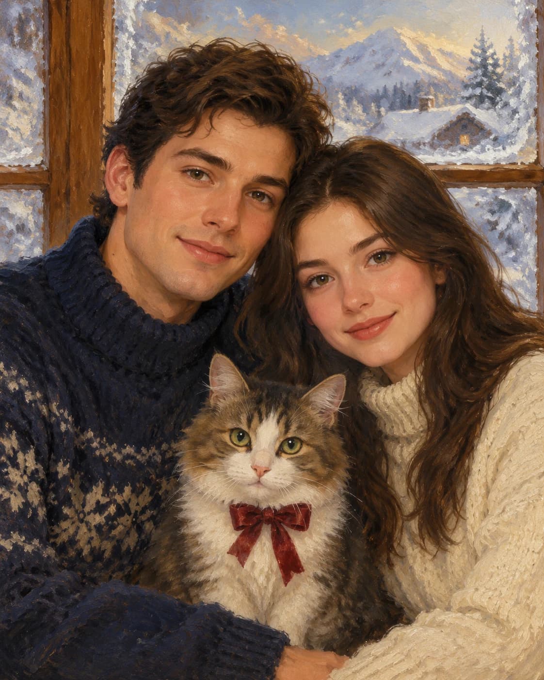 Winter Window Couple and Cat: Winter Window Couple and Cat: a chalet window with frosted corners, with navy and cream adult sweaters and a cranberry cat ribbon.