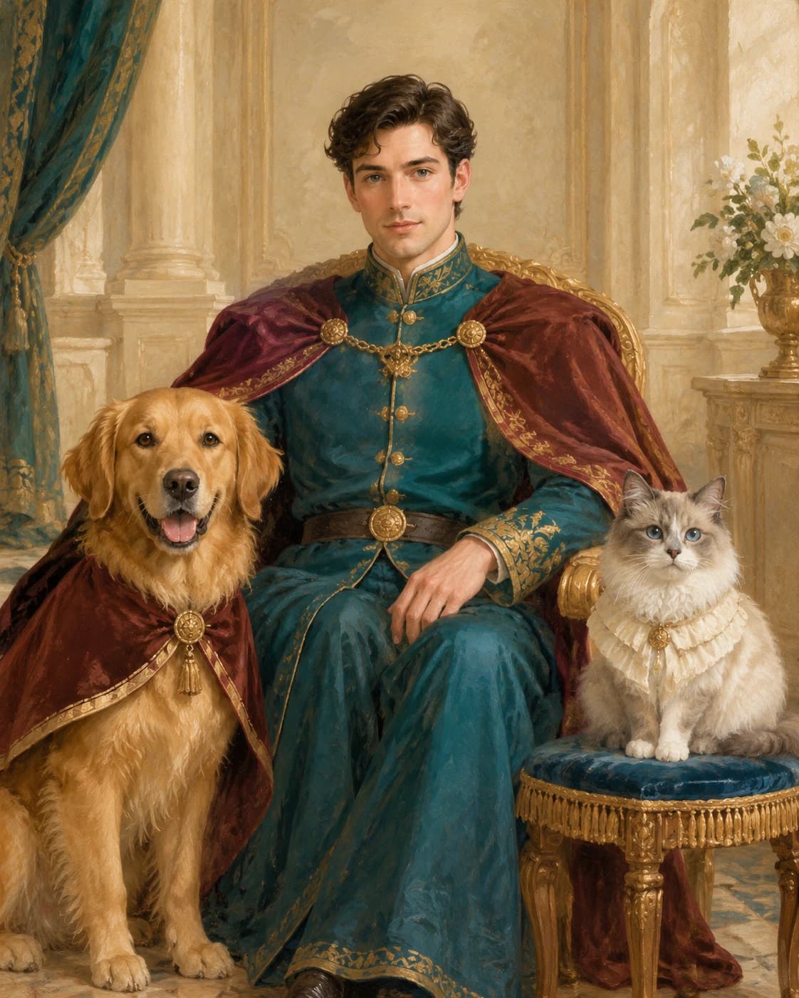 Royal Keeper of Two Companions: Royal Keeper of Two Companions: an invented ivory court room, with a teal adult ceremonial coat with a burgundy dog cape and cream cat collar.