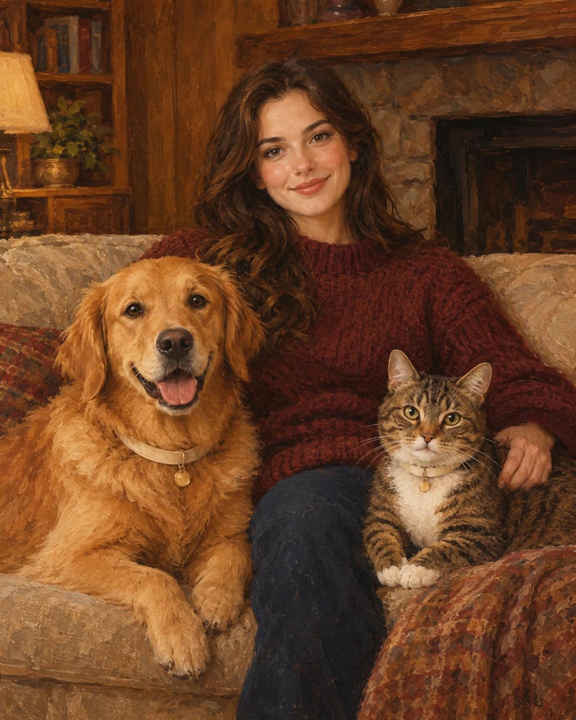 Fireside Household Portrait: Fireside Household Portrait: a timber room with a quiet unlit fireplace, with burgundy adult knitwear and simple cream pet collars.