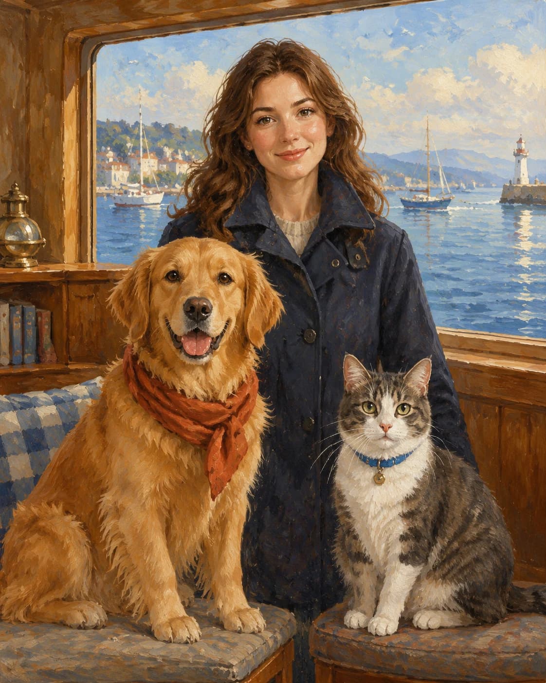Harbor Explorer and Two Pets: Harbor Explorer and Two Pets: a sheltered cabin overlooking a fictional harbor, with a navy adult travel coat, rust dog scarf and blue cat collar.