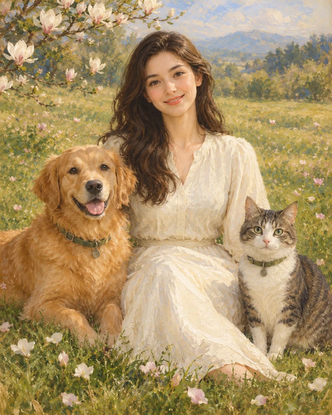 Meadow Memory with Two Pets: Meadow Memory with Two Pets: a gentle meadow with sparse magnolia petals, with plain ivory adult clothing and muted sage pet collars.