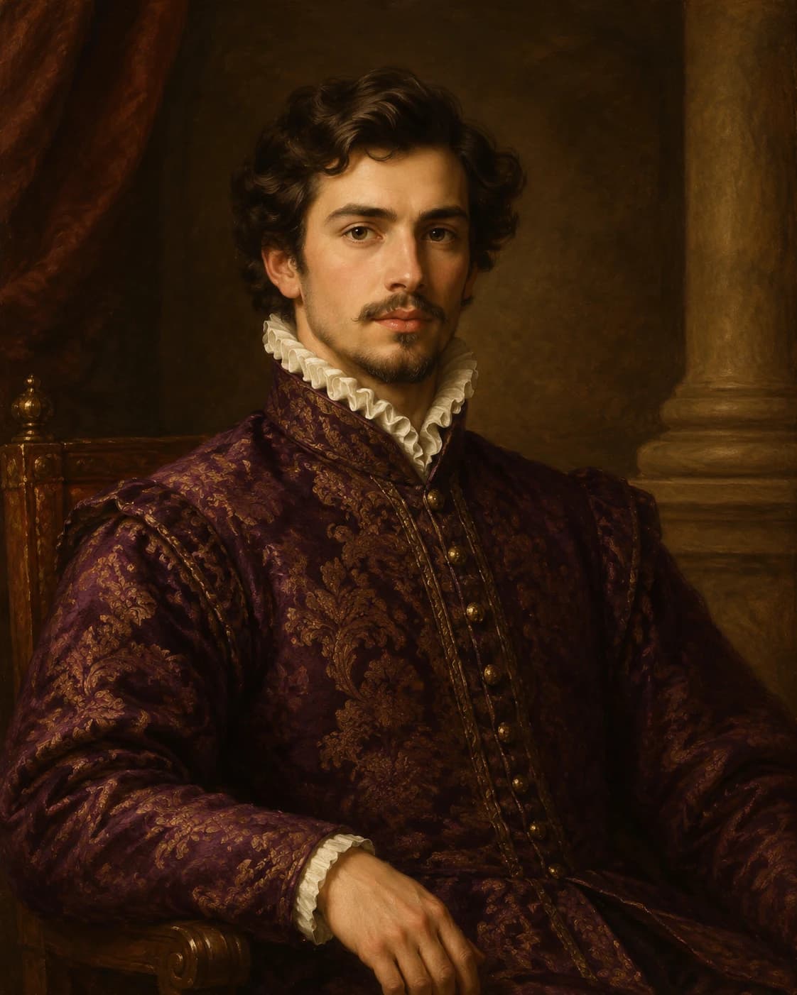 Royal Single Portrait: A formal single-person Renaissance portrait with warm chiaroscuro and rich court clothing.