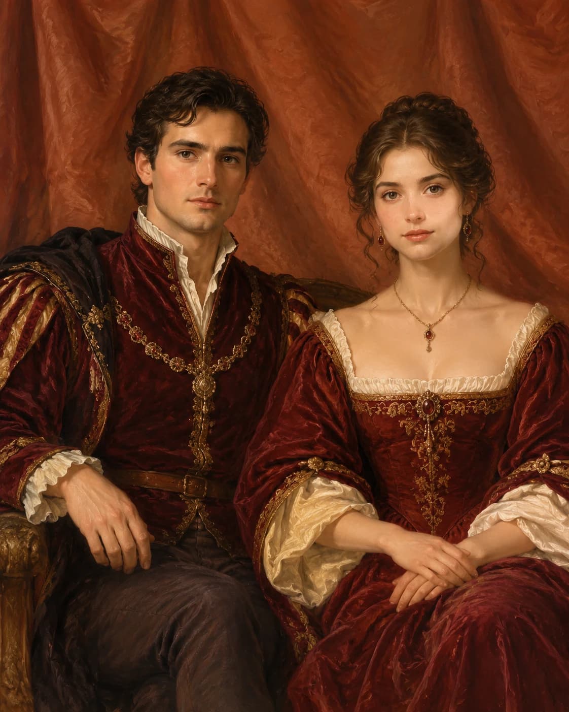Royal Couple Portrait: A balanced Renaissance double portrait with coordinated court attire and warm gallery light.