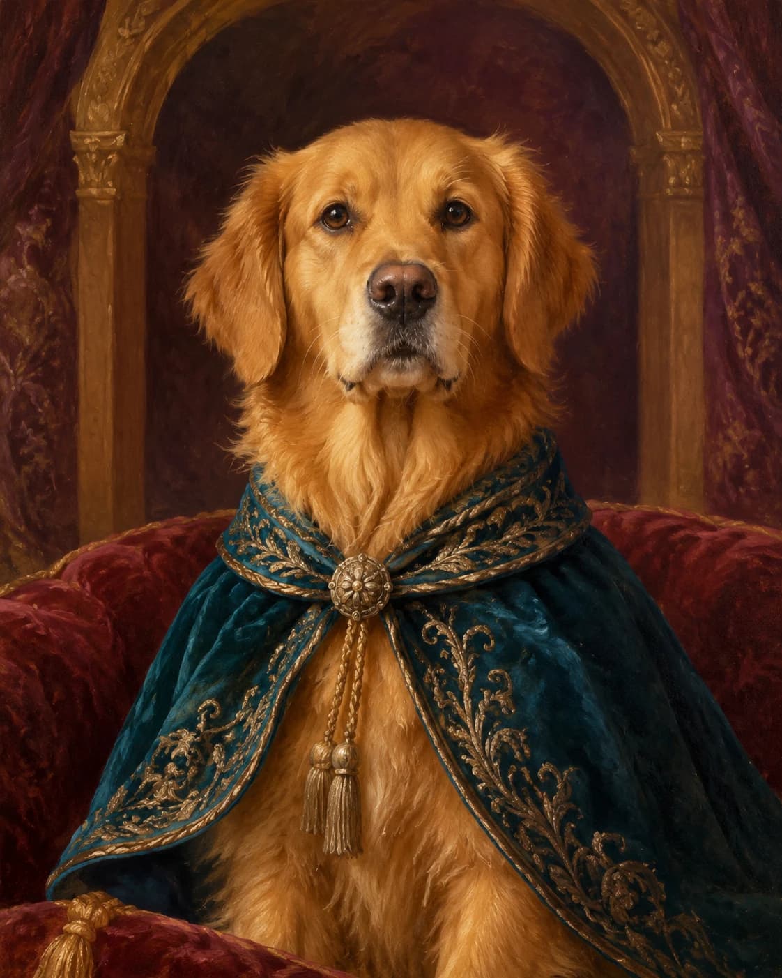 Regal Pet Portrait: A single companion in a jewel-toned historical costume with warm painted gallery light.