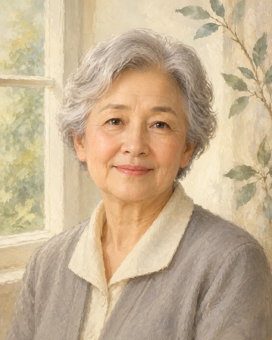 Gentle Memorial Portrait: A quiet single-person tribute with soft window light, ivory and sage botanical detail.