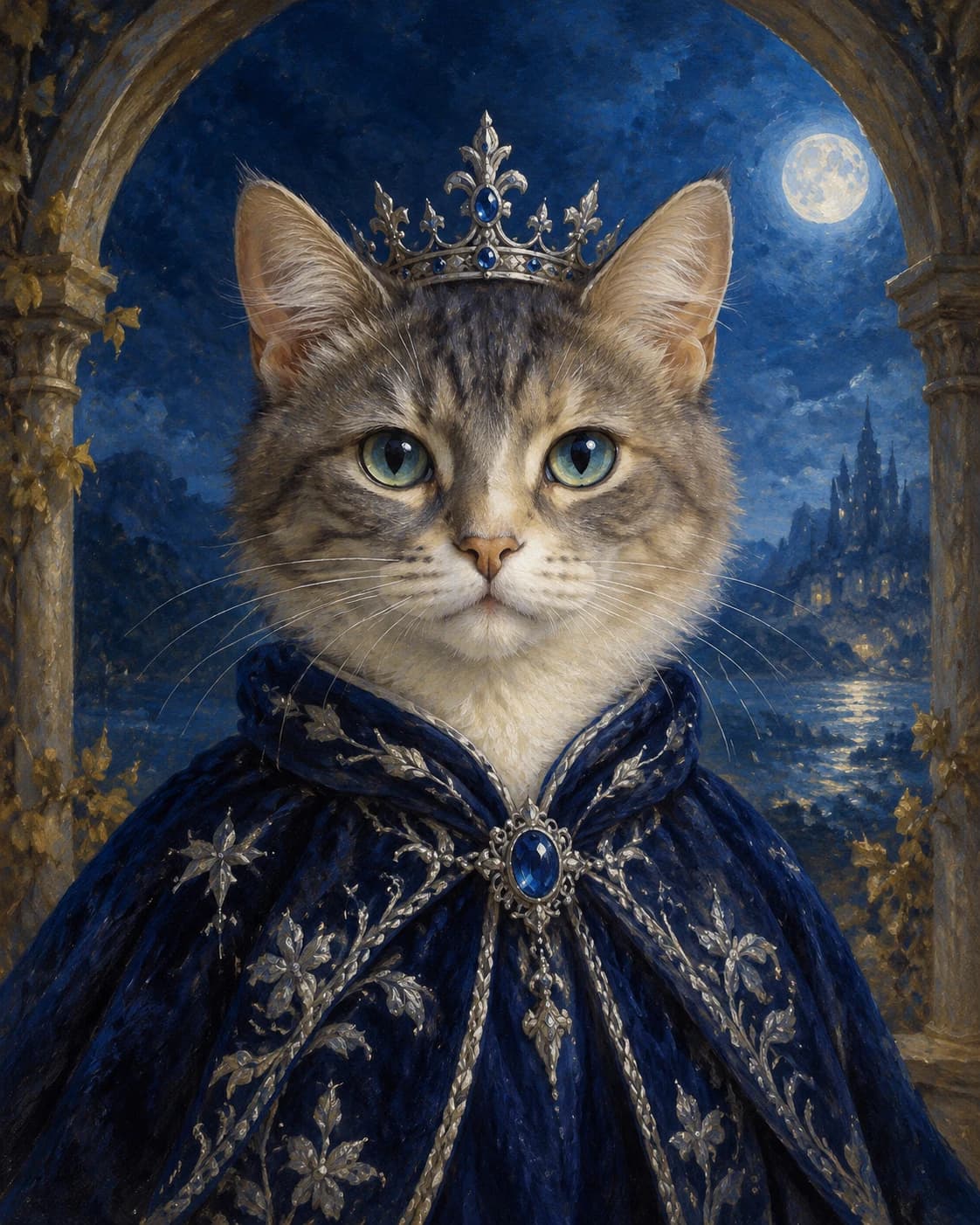 Celestial Cat Queen: A moonlit arch, a silver-blue mantle, and a small crown for a celestial cat.