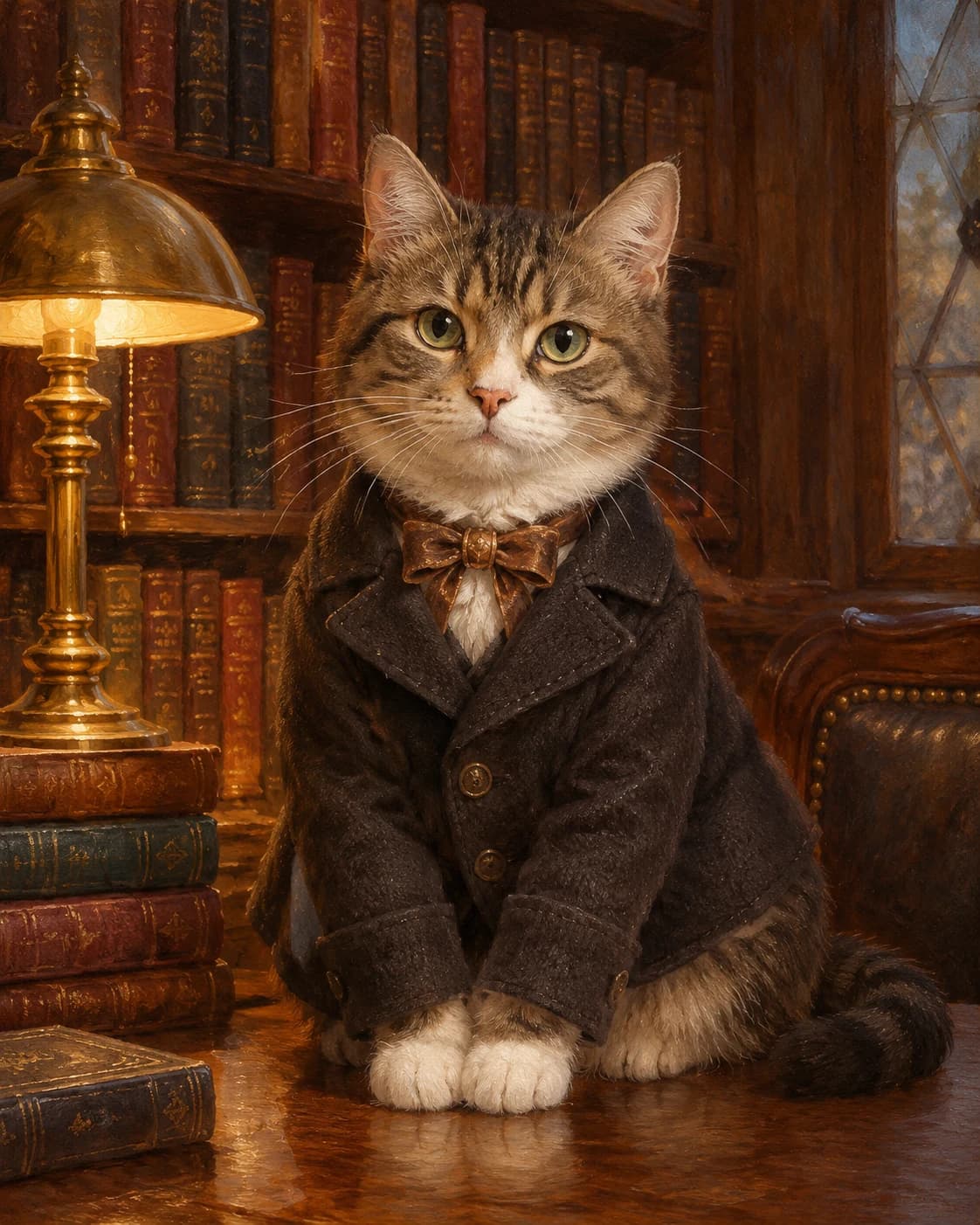 Victorian Cat Scholar: A thoughtful library cat in charcoal and bronze scholar attire.