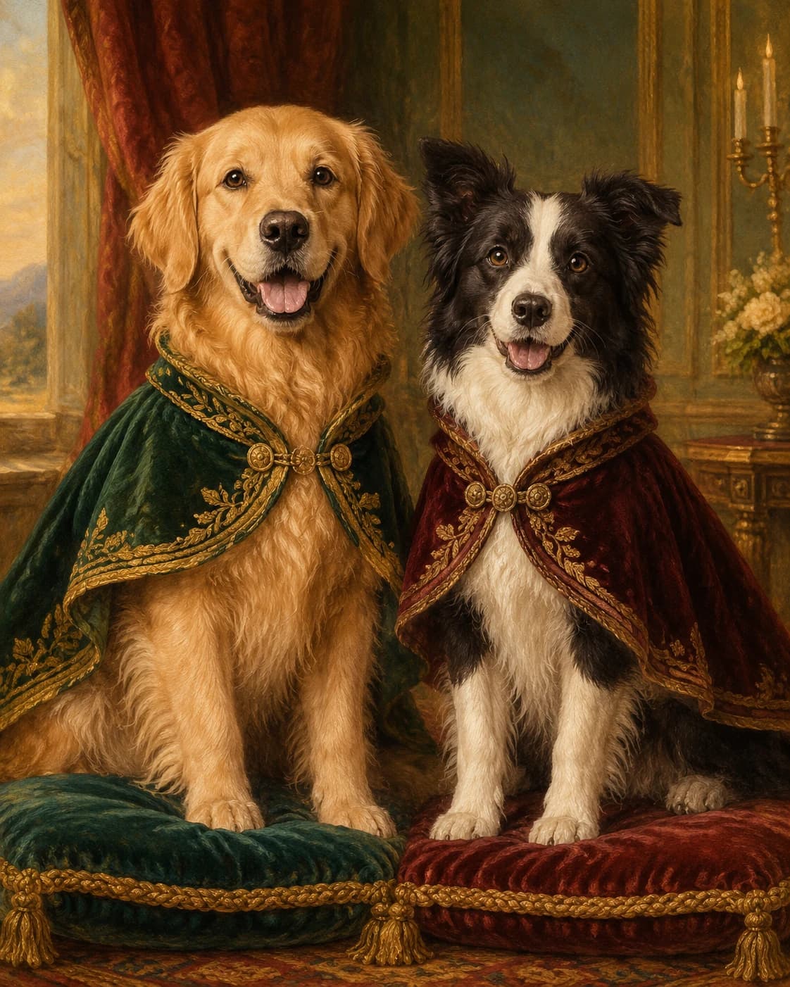 Royal Dog Duo: Two dogs in distinct emerald and burgundy coats, sharing the spotlight.