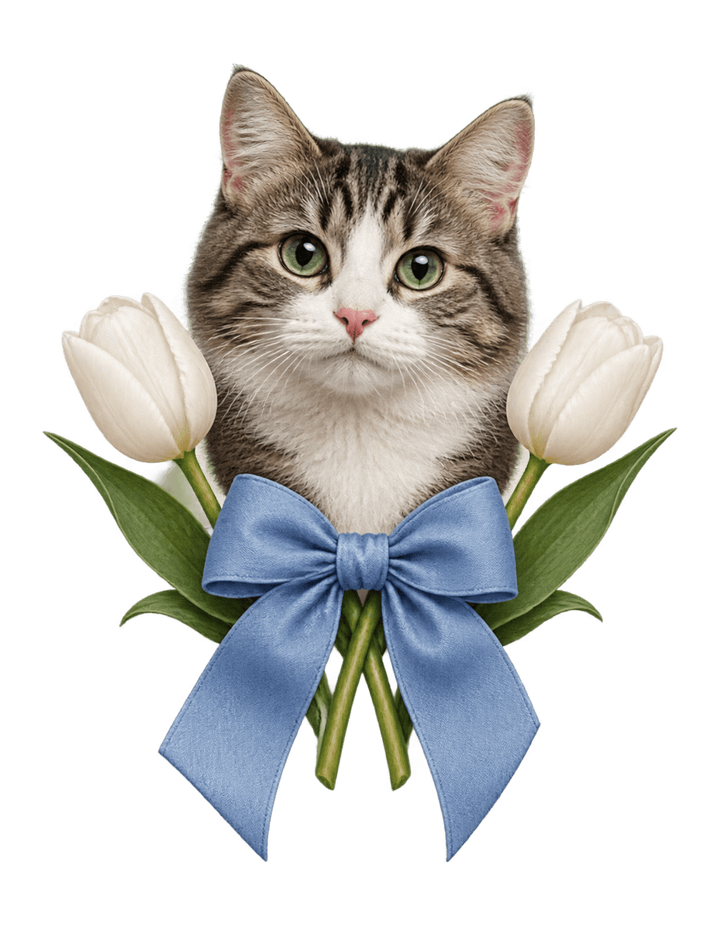 Cat And Blue Ribbon original isolated transparent print artwork