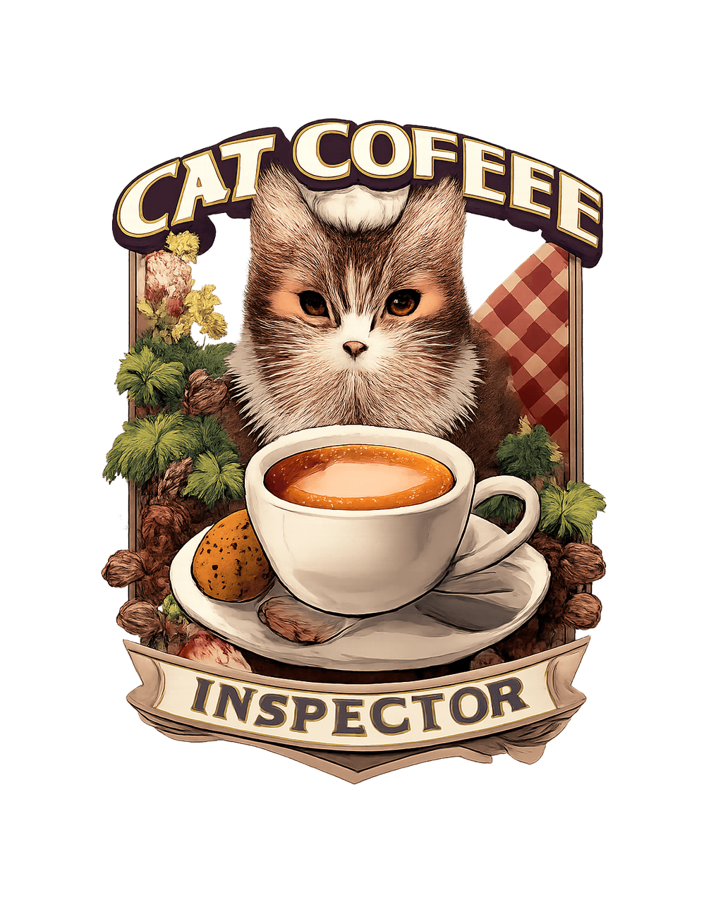 Cat Coffee Inspector original isolated transparent print artwork