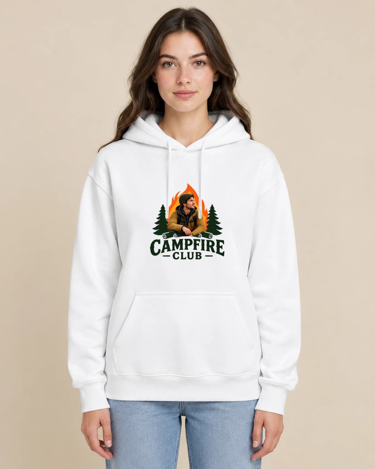 Custom outdoor photo hoodies, illustrated on a woman wearing the classic unisex pullover