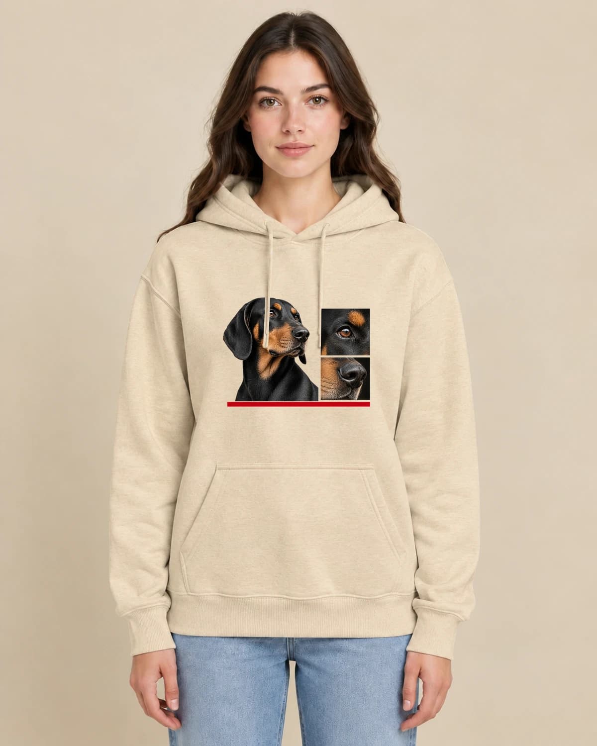 Custom photo collage hoodies, illustrated on a woman wearing the classic unisex pullover