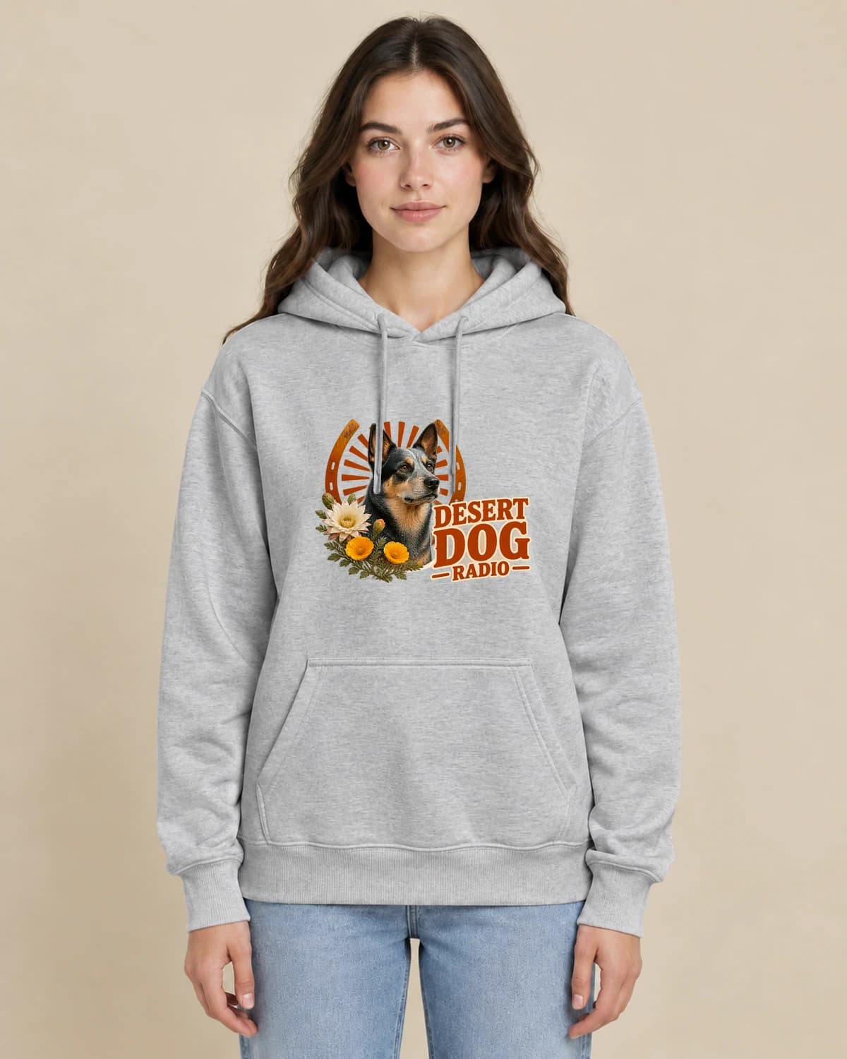 Custom western photo hoodies, illustrated on a woman wearing the classic unisex pullover