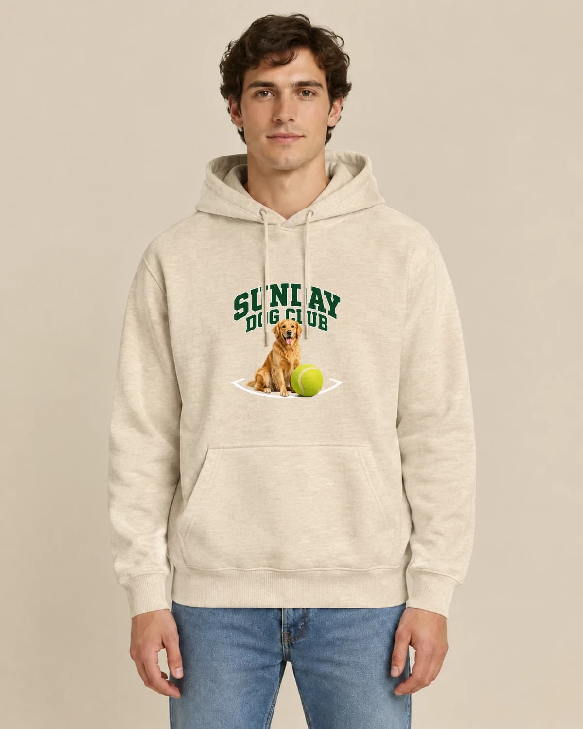 Sunday Dog Club, men's styling of the same unisex hoodie