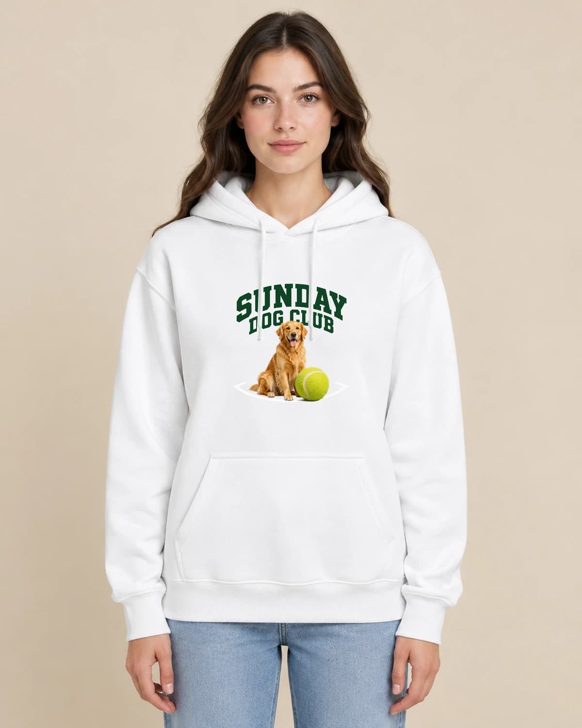 Personalized social club hoodies, illustrated on a woman wearing the classic unisex pullover