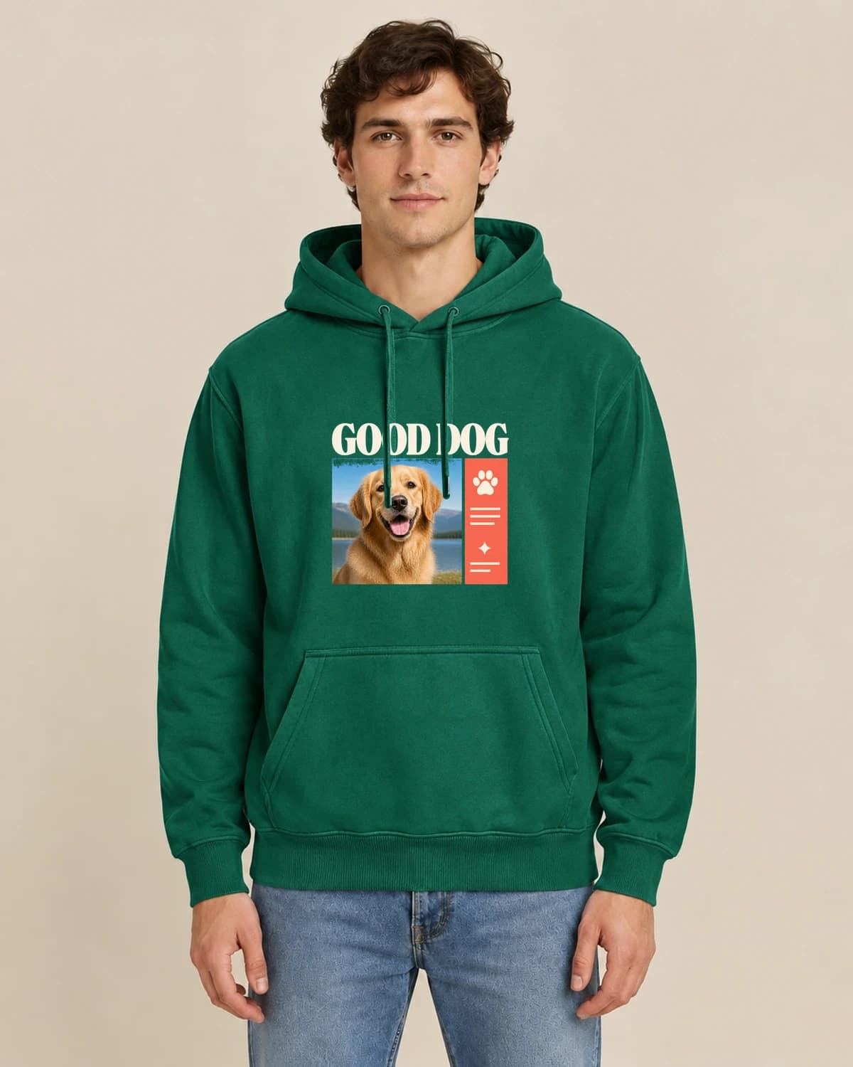 Good Dog Gazette, men's styling of the same unisex hoodie