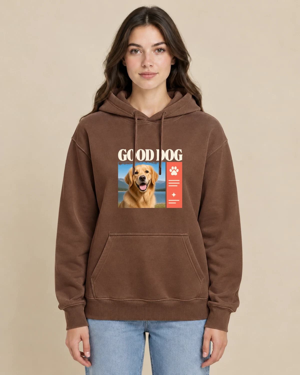Good Dog Gazette on a woman wearing the classic unisex pullover; illustrative styling