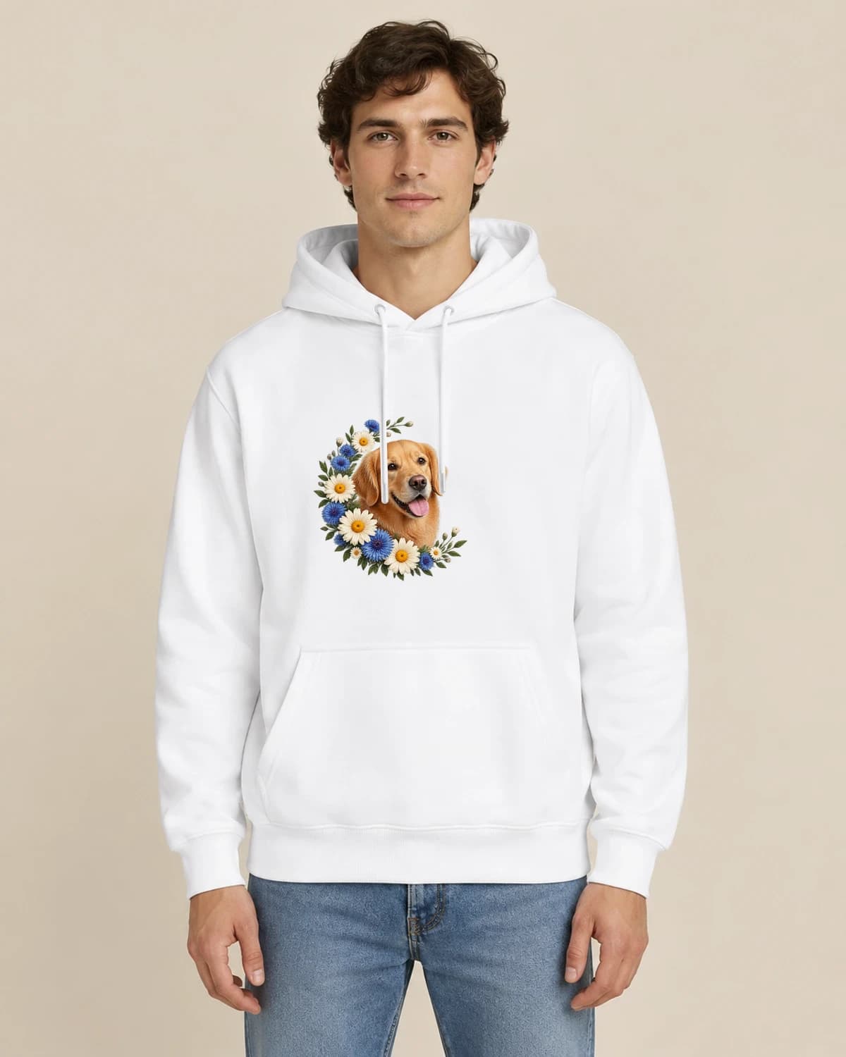 Wildflower Dog Muse, men's styling of the same unisex hoodie